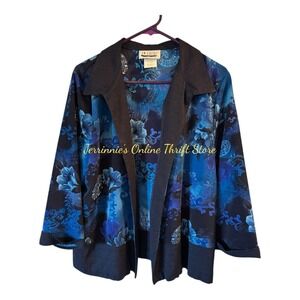 EN FOCUS STUDIO Women's Blue Floral Paisley Open Front Blazer Jacket Size 18